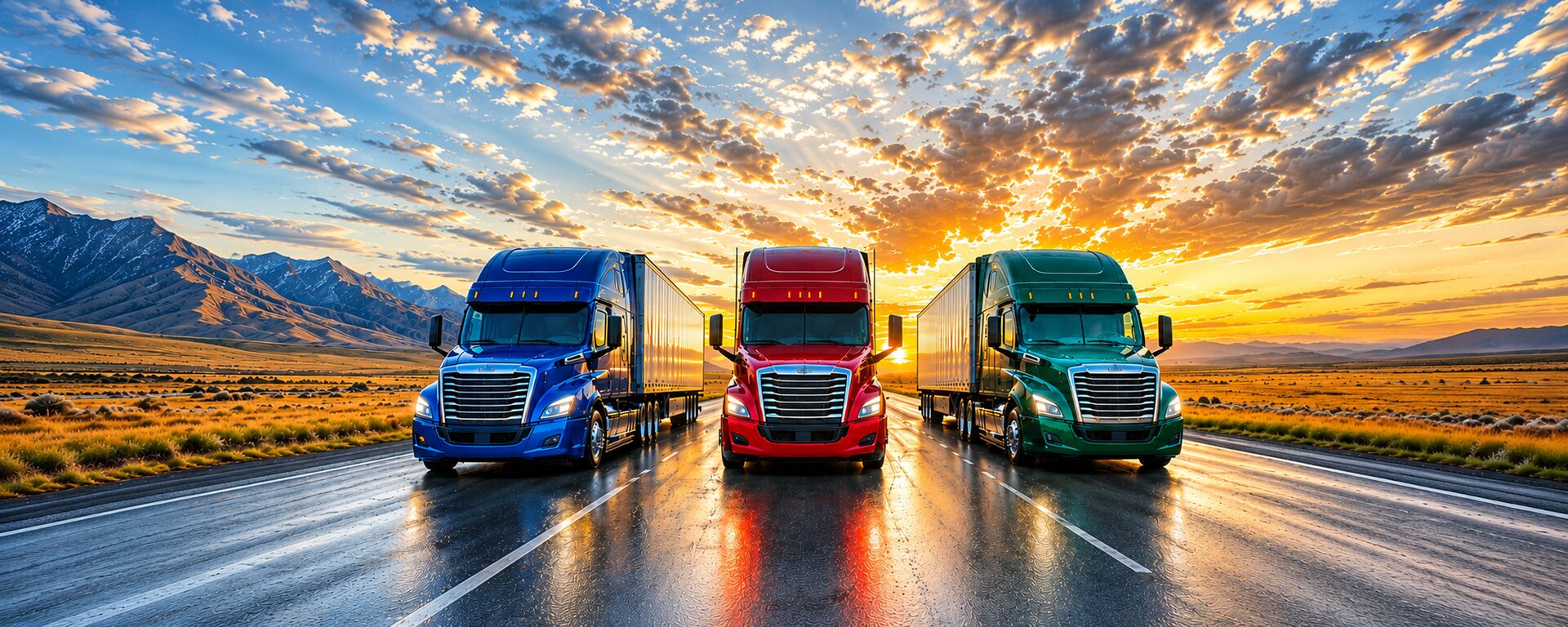 Blue, red and green semi-trucks on a highway at sunset